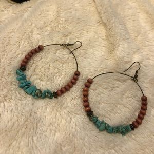 Hoop Earrings with Turquoise And Wooden Beads